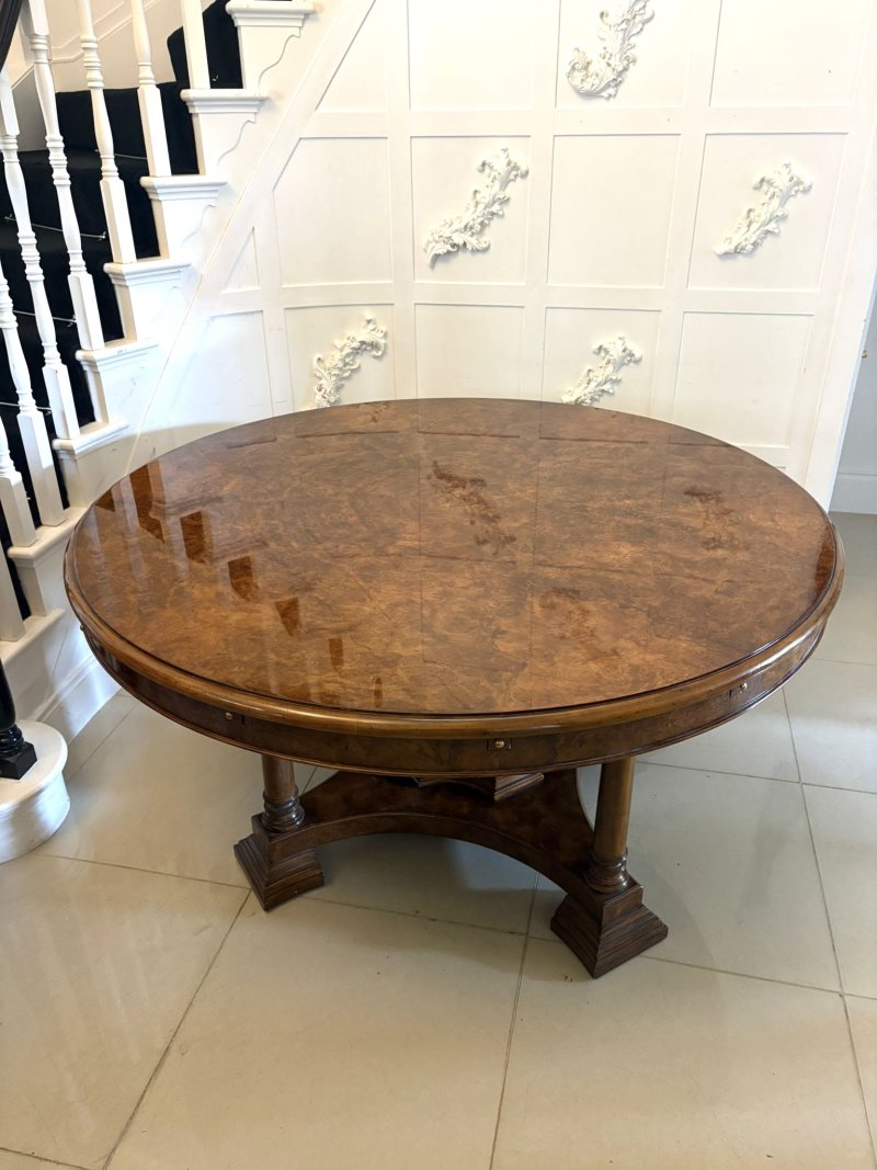 Antique Exceptional Quality Burr Walnut Circular Extending Dining Table Seating 10 with Radial Leaves & Matching Burr Walnut Leaf Holder - Image 27